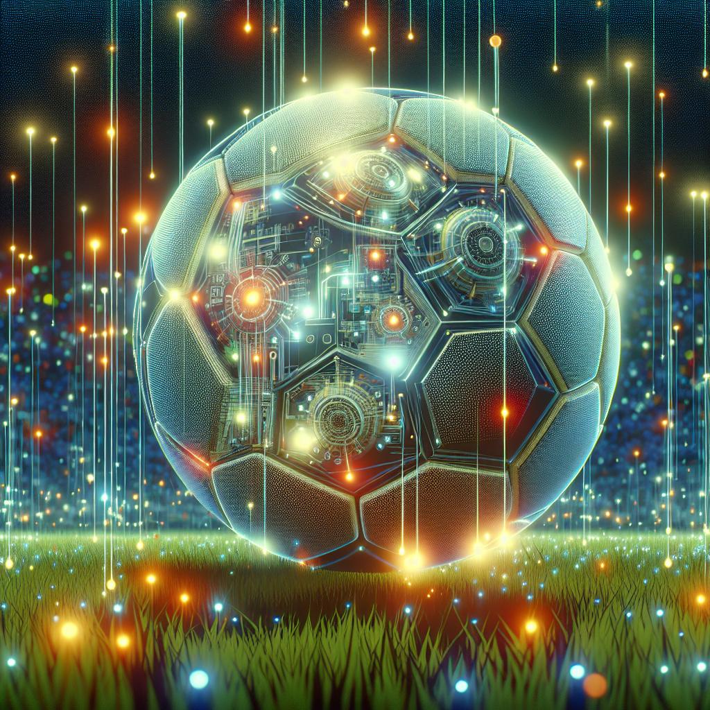 A close-up of a soccer ball with sensors and lights illuminating the grass as it moves during a game.