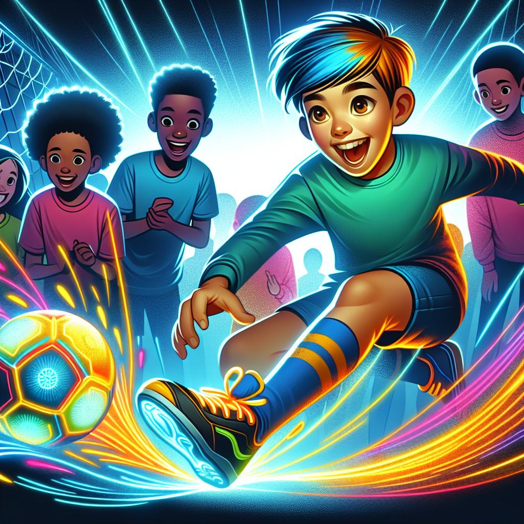 A boy kicking the glowing soccer ball with a look of excitement on his face as his friends watch in amazement.