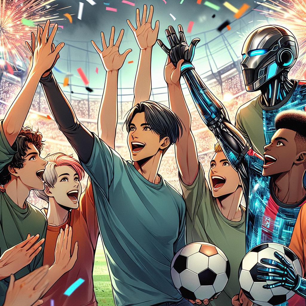A group of friends celebrating and high-fiving after a successful goal scored with the technology-enhanced soccer ball.