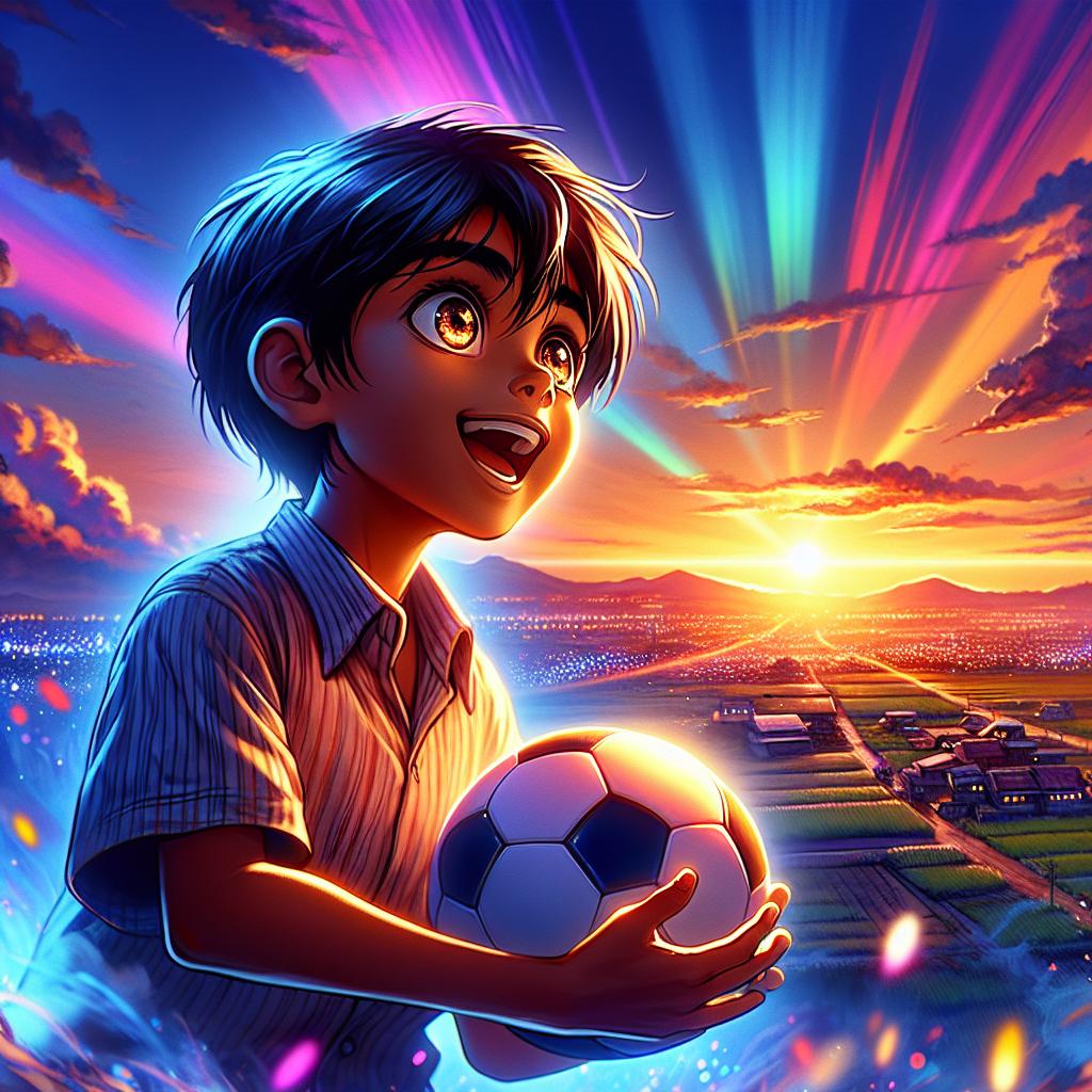 The sun setting in the background as a boy looks at the glowing soccer ball with a sense of pride and accomplishment.