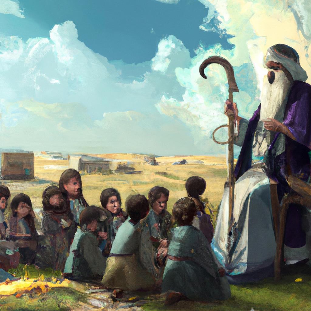 A wise Arab man surrounded by children in a village setting, teaching them.