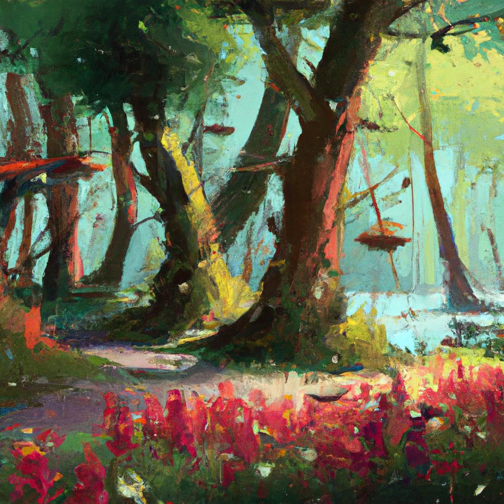 A magical forest with swaying trees, colorful flowers, chirping birds, and scampering squirrels.