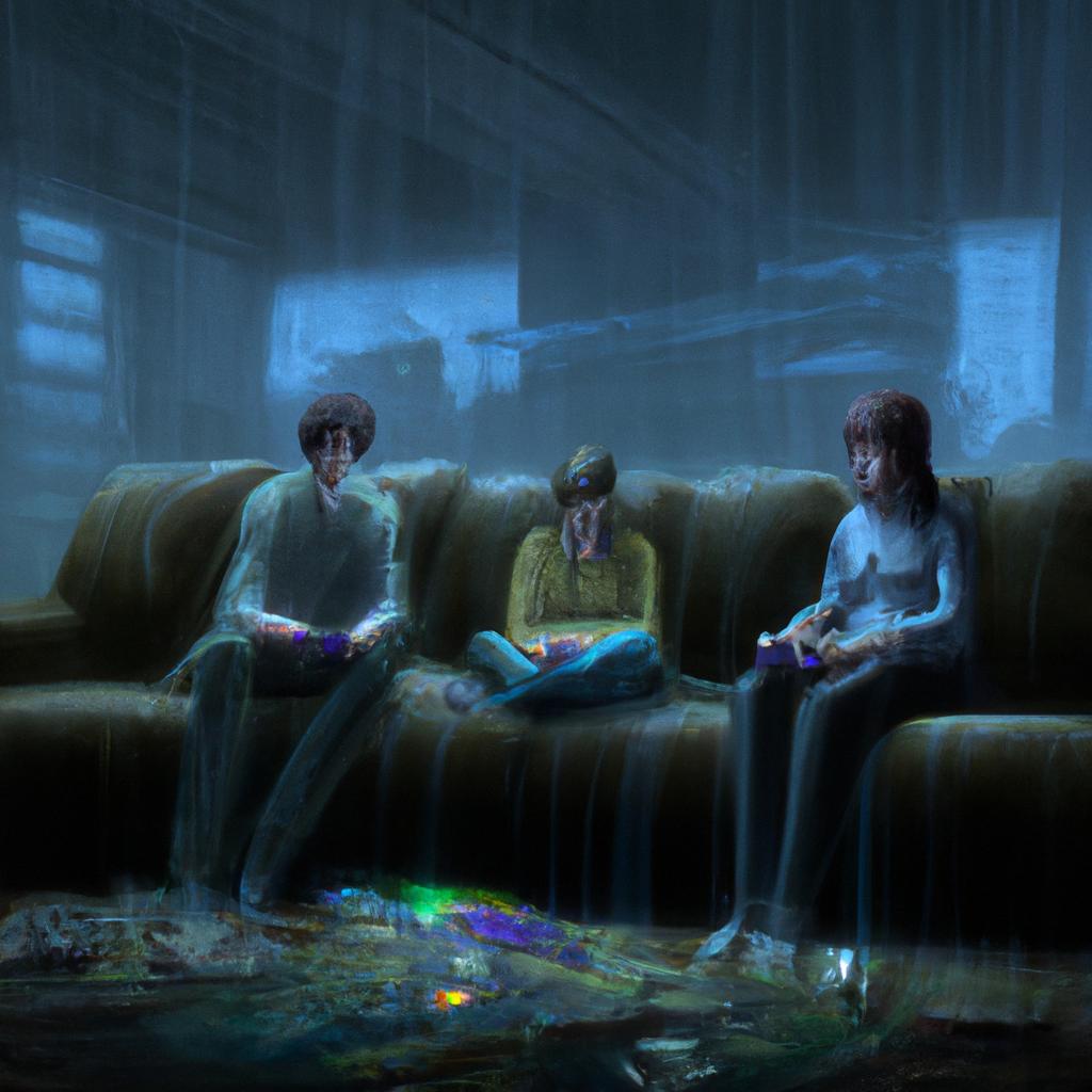 Three friends, Sarah, Ben, and Emma, sitting on a cozy couch playing a video game together. The screen glitching with digital sparks as they are sucked into the game world.