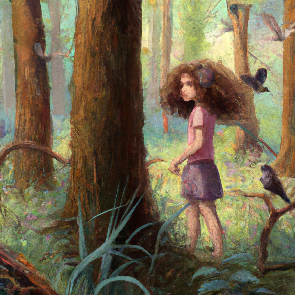 A young girl with curly hair wandering through a lush forest filled with colorful birds singing happily in the trees.