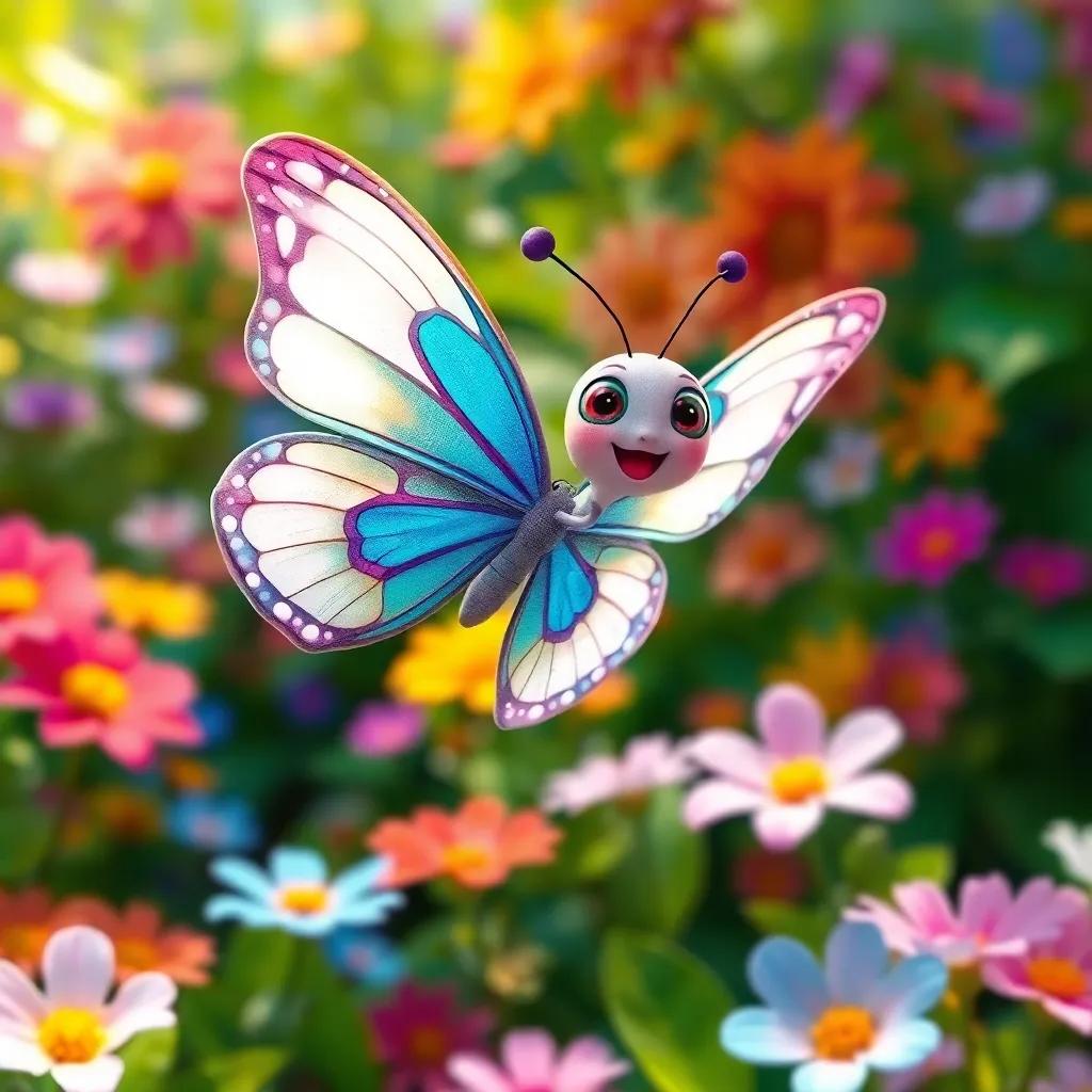 A colorful butterfly named Lúcia, with white, blue, and green wings, happily flying in a vibrant garden filled with flowers, digital art, bright colors, joyful atmosphere, high quality