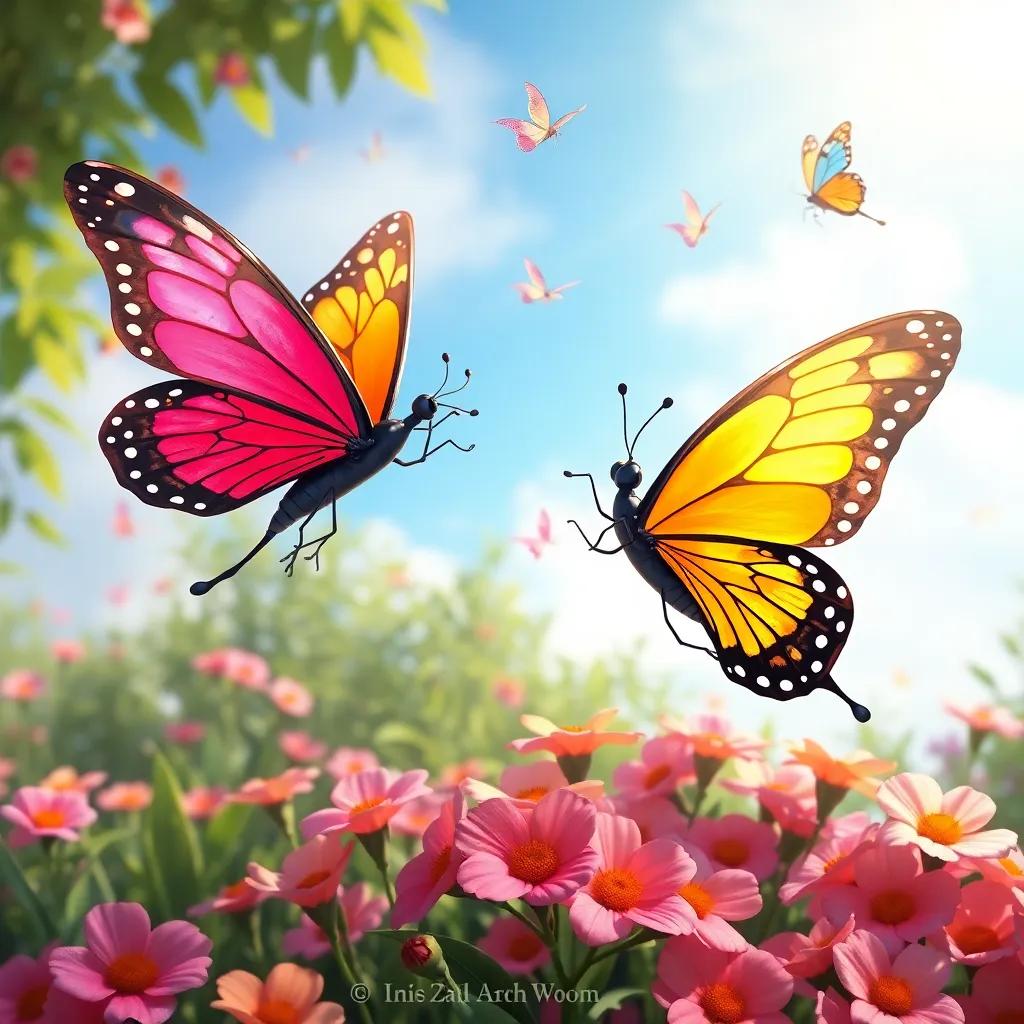 Lúcia and Mari, two butterflies playing together in the garden, performing acrobatics in the sky, with colorful blossoms below, digital painting, lively, engaging, vibrant colors