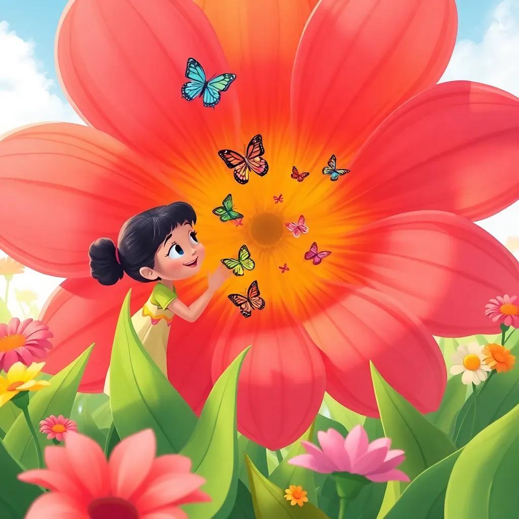 Lúcia and Mari discovering a giant flower in the garden, with bright petals and a sweet aroma, colorful butterflies playing hide and seek amidst the flower, digital illustration, cheerful, playful, child-friendly