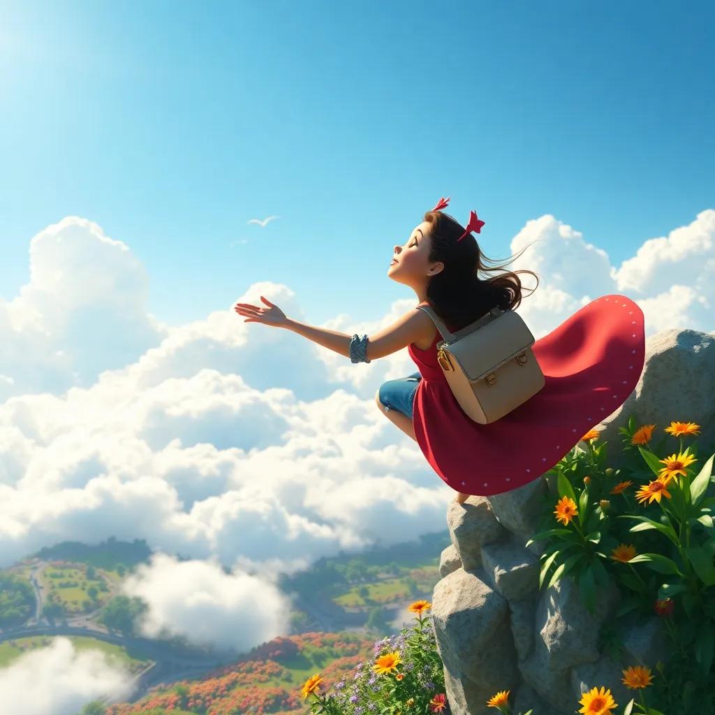 Lúcia and Mari flying high above the clouds, feeling the gentle breeze, watching the colorful garden below, joyful moment, digital art, uplifting, radiant colors