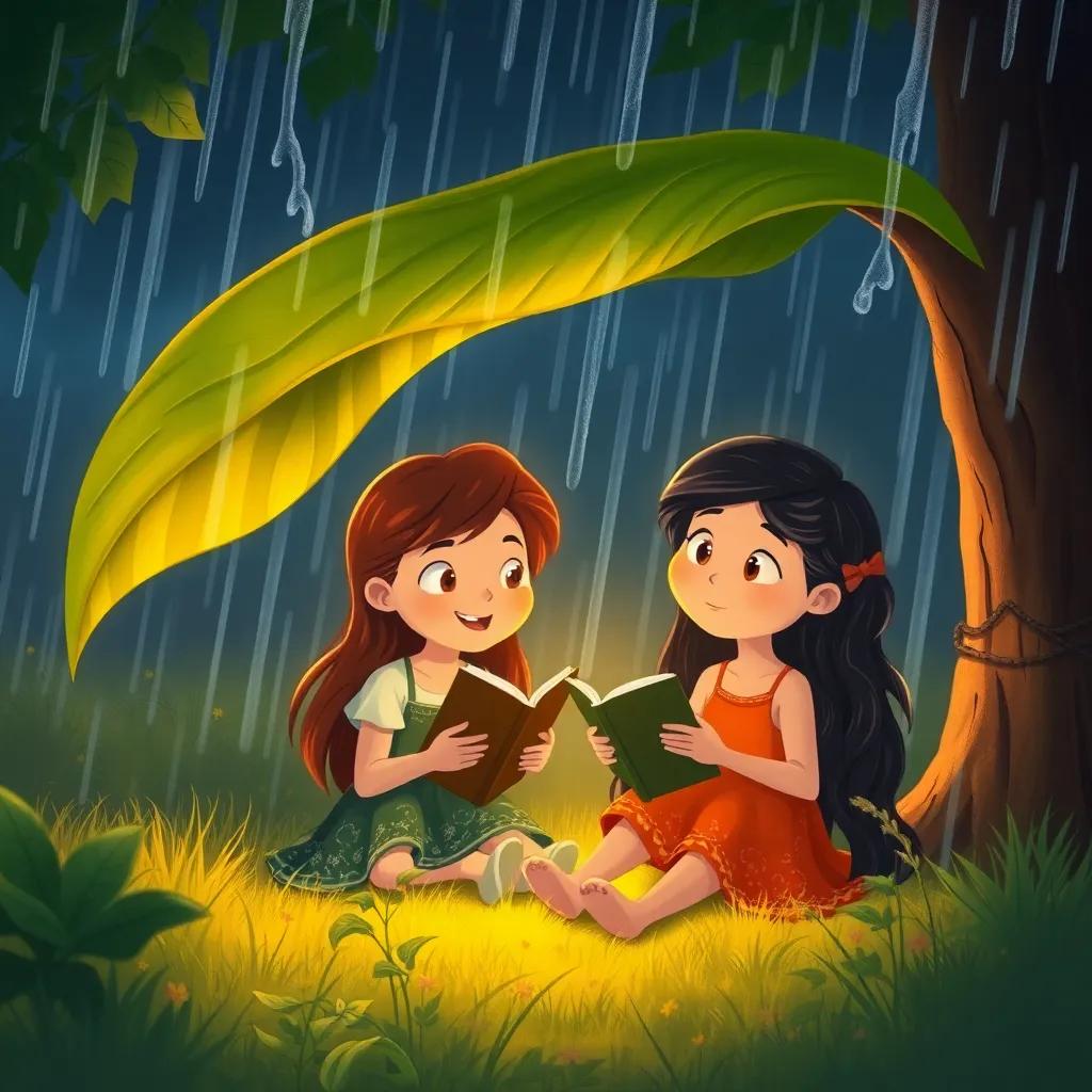 Lúcia and Mari hiding under a large leaf during a sudden storm, telling each other funny stories, warm lighting, cozy atmosphere, children-friendly illustration