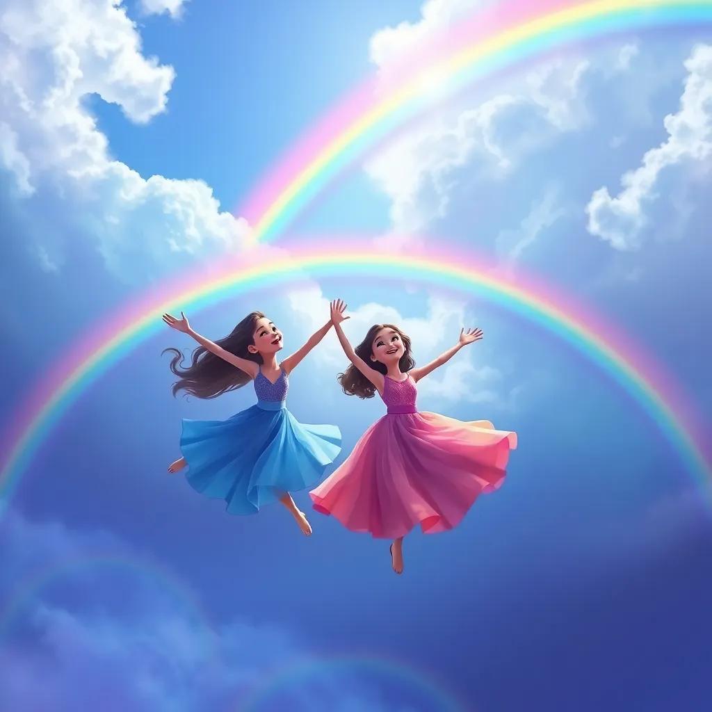Lúcia and Mari flying around a beautiful rainbow in the sky, dancing joyfully, showcasing their vibrant colors under the rainbow's arch, vivid colors, digital painting, magical