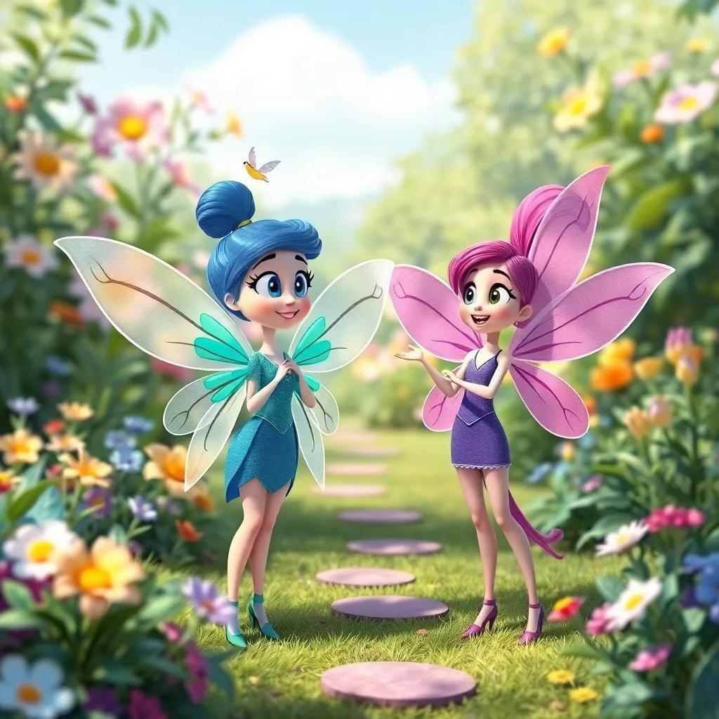 Lúcia, with white, blue, and green wings, and Mari, with pink and purple wings, learn to appreciate their differences in the beautiful garden, colorful scene, cheerful illustration, engaging