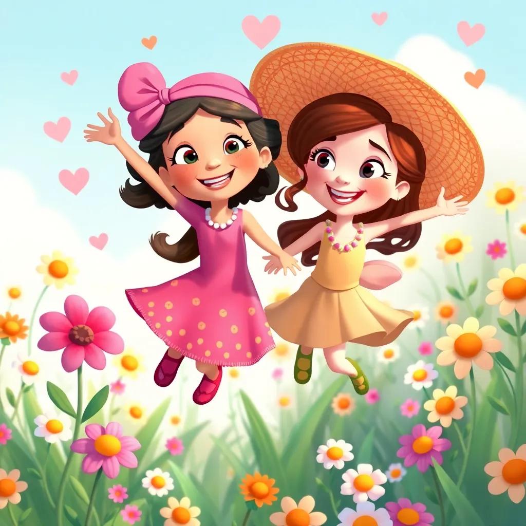 Lúcia and Mari flying together, spreading love and colors throughout the garden, with smiling flowers around, bright and cheerful illustration, whimsical art, child-friendly