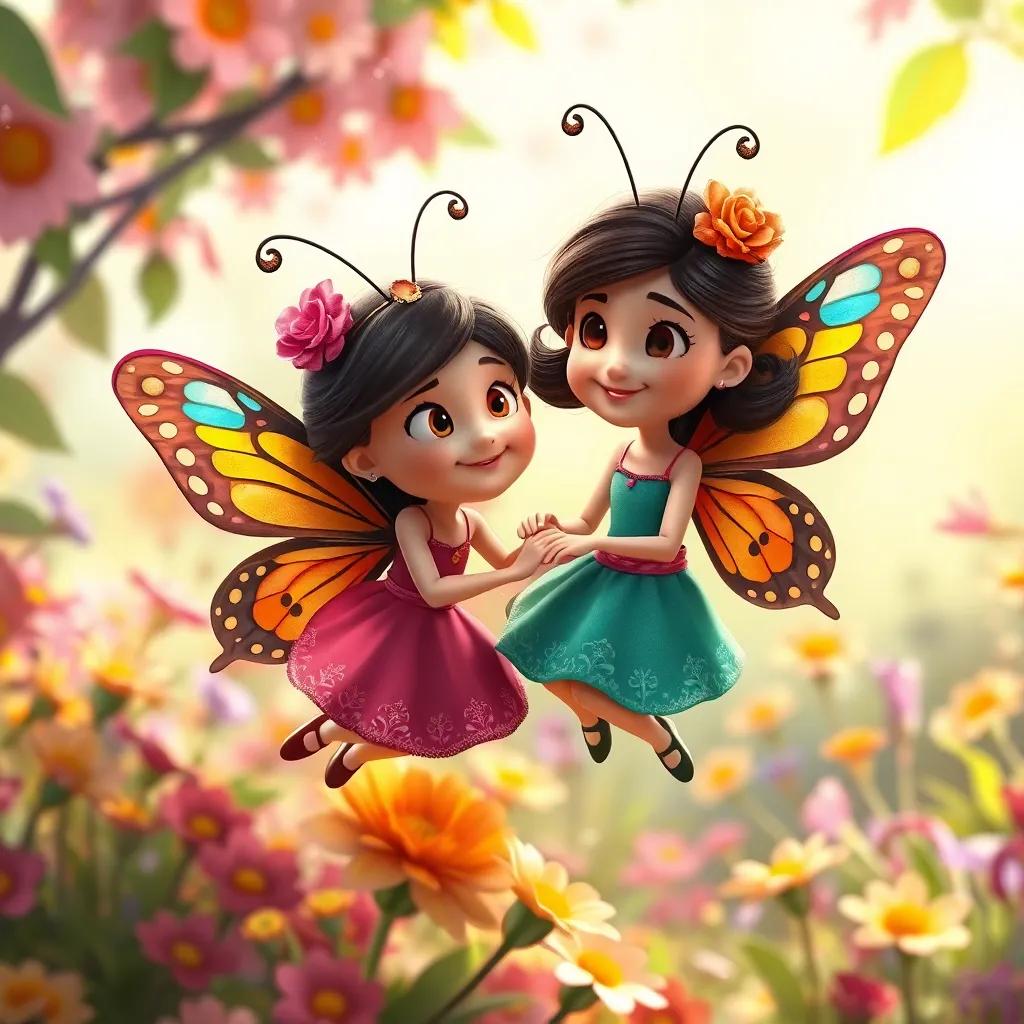 Lúcia and Mari, the two butterflies, embarking on countless joyful adventures, flying together in the colorful garden, digital art, whimsical, enchanting scene