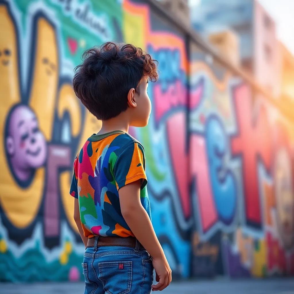 A young artist, Lucas, with short curly hair, wearing a colorful t-shirt and jeans, gazing in awe at a vibrant mural on a city wall, digital art, urban style, lively colors, warm afternoon light, engaging perspective, vibrant quality, expressive scene