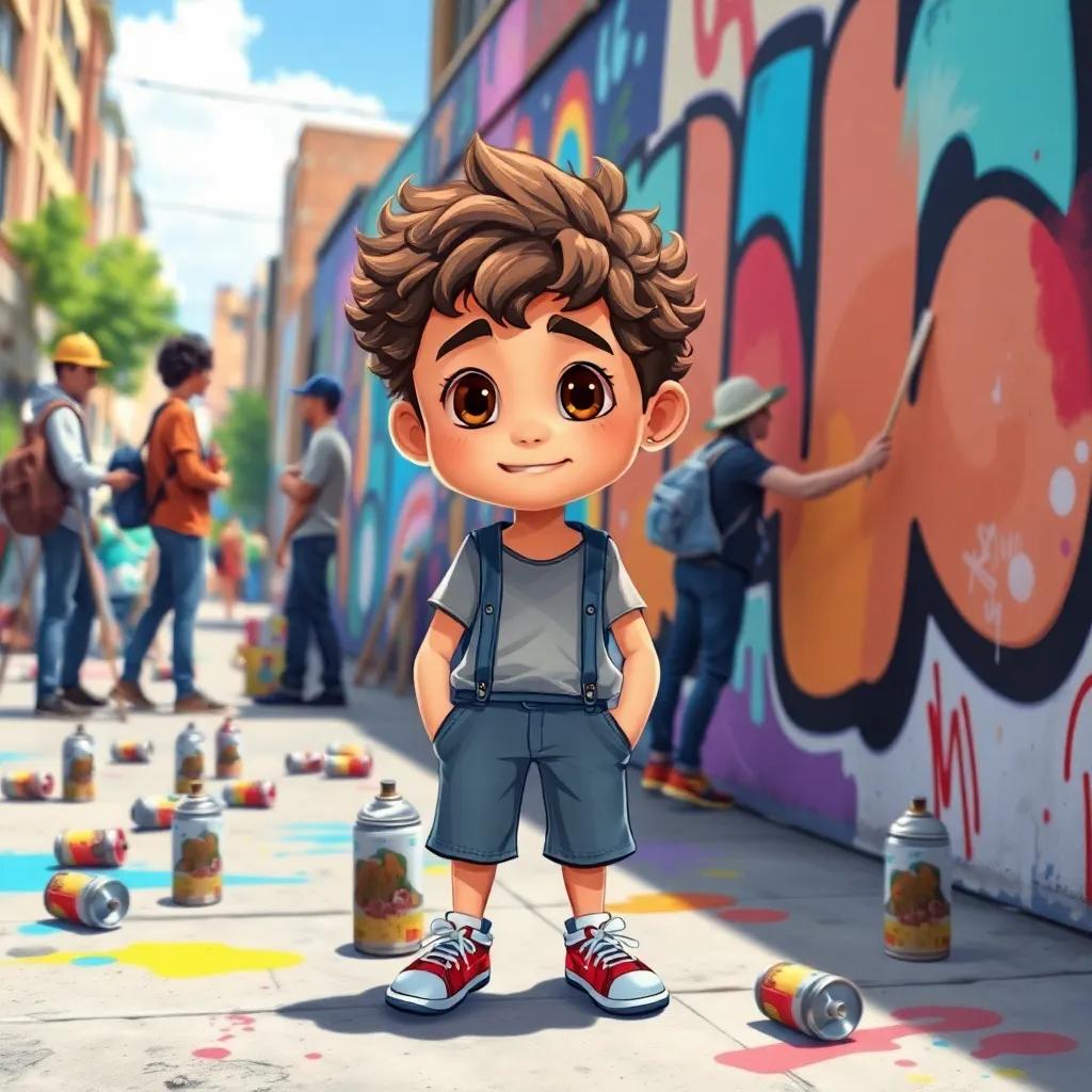 Lucas, a young artist with short curly hair, standing beside street artists painting a large mural, with spray paint cans scattered around and colorful art in progress, illustration, dynamic and cheerful, artsy atmosphere, child-friendly, high quality