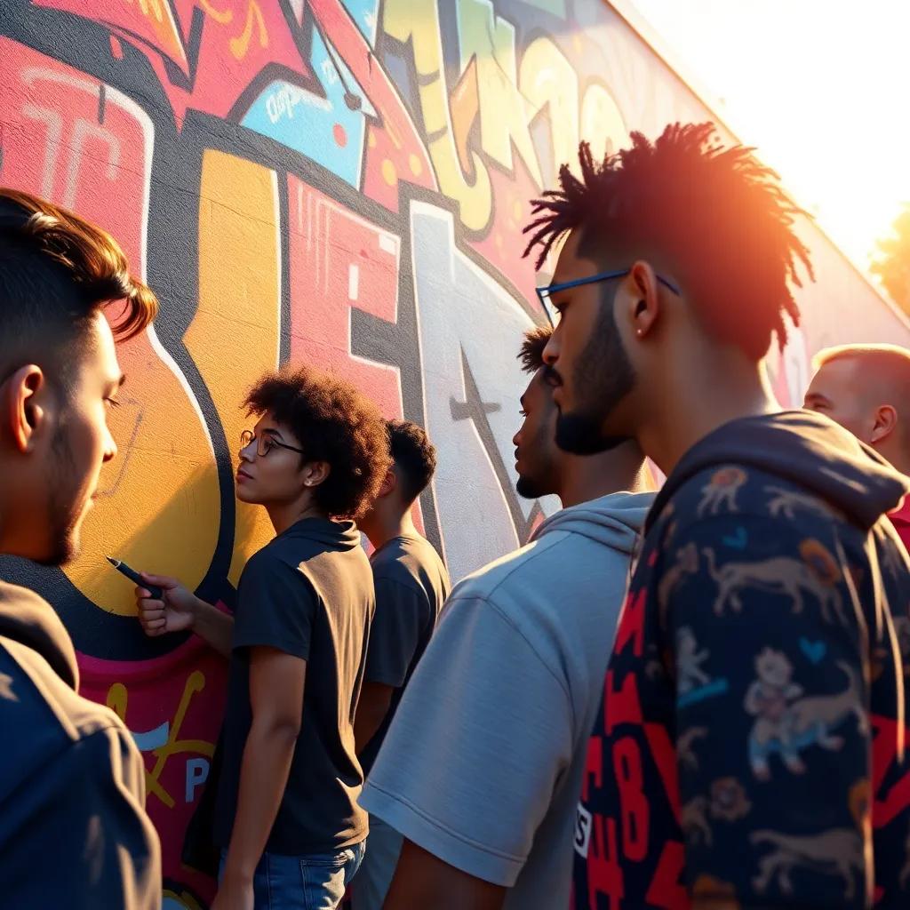 A group of graffiti artists, featuring diverse ethnicities, all focused on a large wall with intricate graffiti designs, showcasing the vibrant colors of their work, digital painting, energetic, warm sunlight, outdoor setting, captivating perspective, detailed