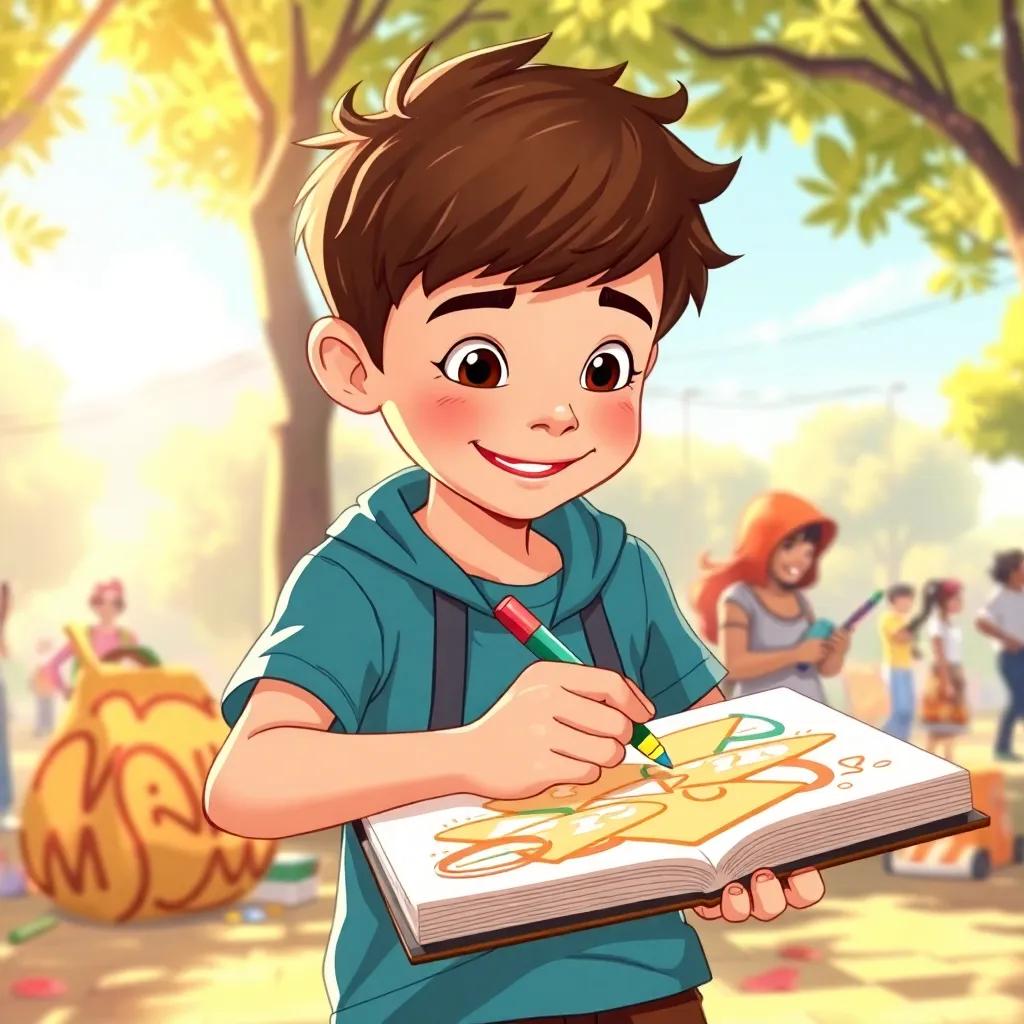 Lucas, a young artist, drawing with colorful markers on a sketchbook, surrounded by his new friends, the graffiti artists, in an urban park with trees and sunshine, illustration, joyful, bright colors, inviting atmosphere, high quality