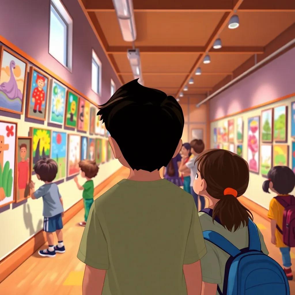 An art exhibition at a school, with students looking at Lucas's artwork, hanging on the walls, filled with color, creativity, and inspiration, digital art, engaging scene, warm indoor lighting, lively colors, child-friendly, high quality