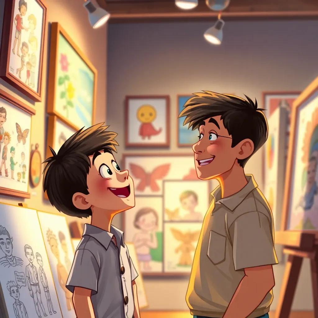 Lucas, overwhelmed with joy, speaking with an art gallery director admiring his work, surrounded by colorful sketches and paintings, illustration, heartfelt, warm light, expressive colors, engaging environment, high quality