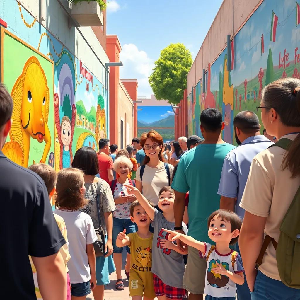 A gathering of people in Lucas's community, joyfully admiring murals on the walls, showcasing vibrant art and stories, with children smiling and pointing, digital painting, celebratory, sunny day, vivid colors, heartwarming perspective, high quality