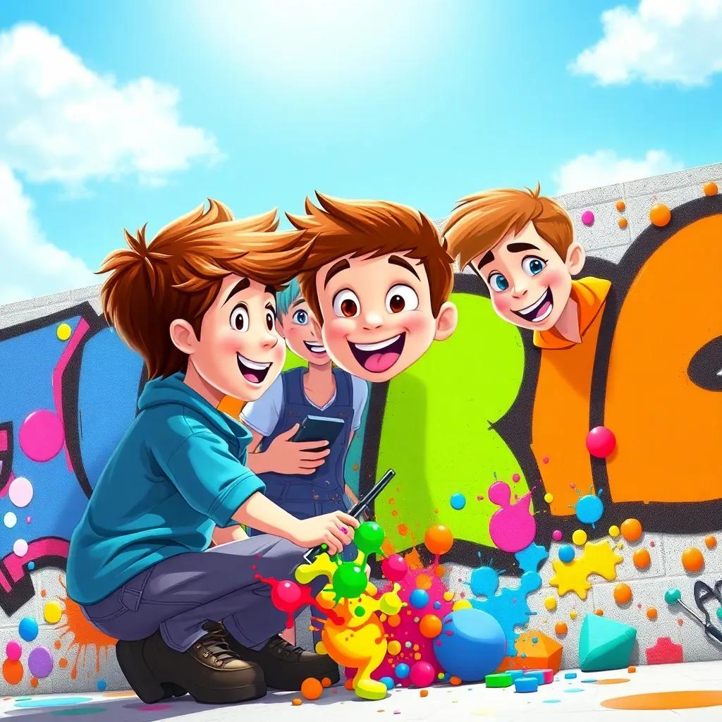Lucas and his graffiti artist friends working together on a new mural, lots of colors splashed around, excited expressions on their faces under a bright blue sky, illustration, fun and lively, colorful, child-friendly, high quality