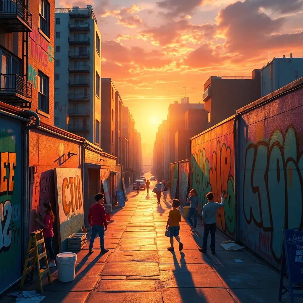 A beautiful cityscape transformed with street art and murals, featuring Lucas and his friends painting together on the walls, with the sun setting, casting a golden hue, digital art, inspirational, warm colors, expansive view, high quality