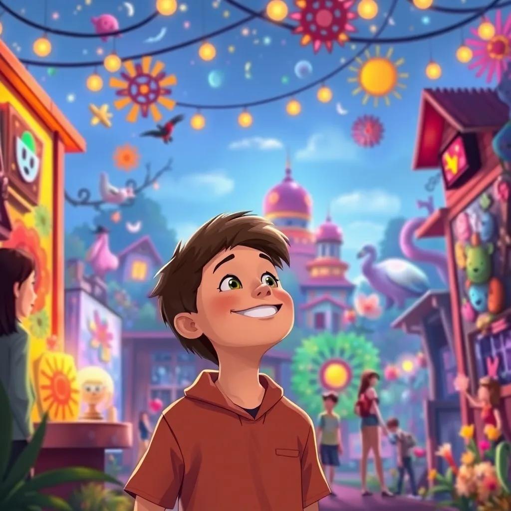 Lucas smiling, reflecting on his journey, surrounded by the vibrant art he created with his friends, against the backdrop of their transformed community, illustration, thoughtful, warm lighting, uplifting colors, engaging perspective, high quality