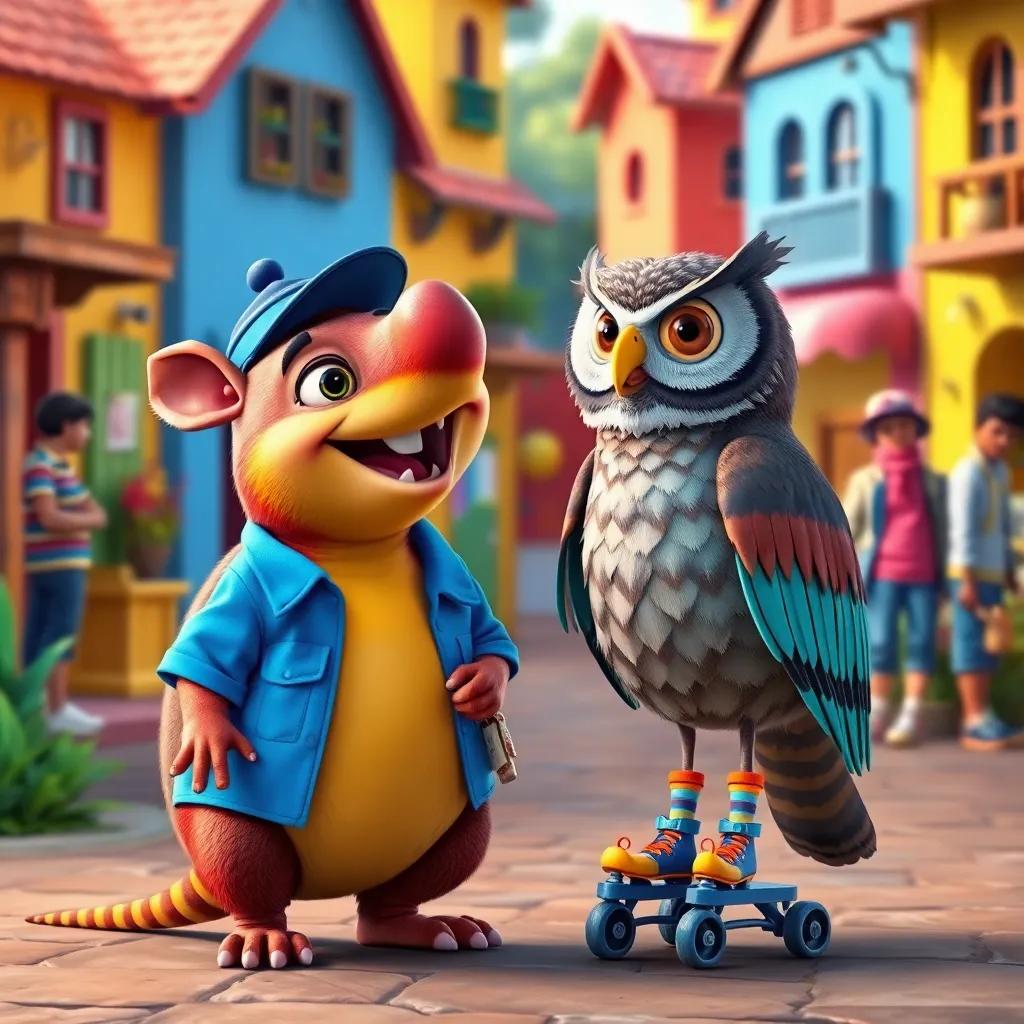 A colorful armadillo named Tito, wearing a blue shirt and a fun cap, talking excitedly with his friend Lola, an intelligent owl on roller skates, in a colorful village filled with talking animals and stylish clothes, digital art, vibrant colors, cheerful atmosphere, high quality