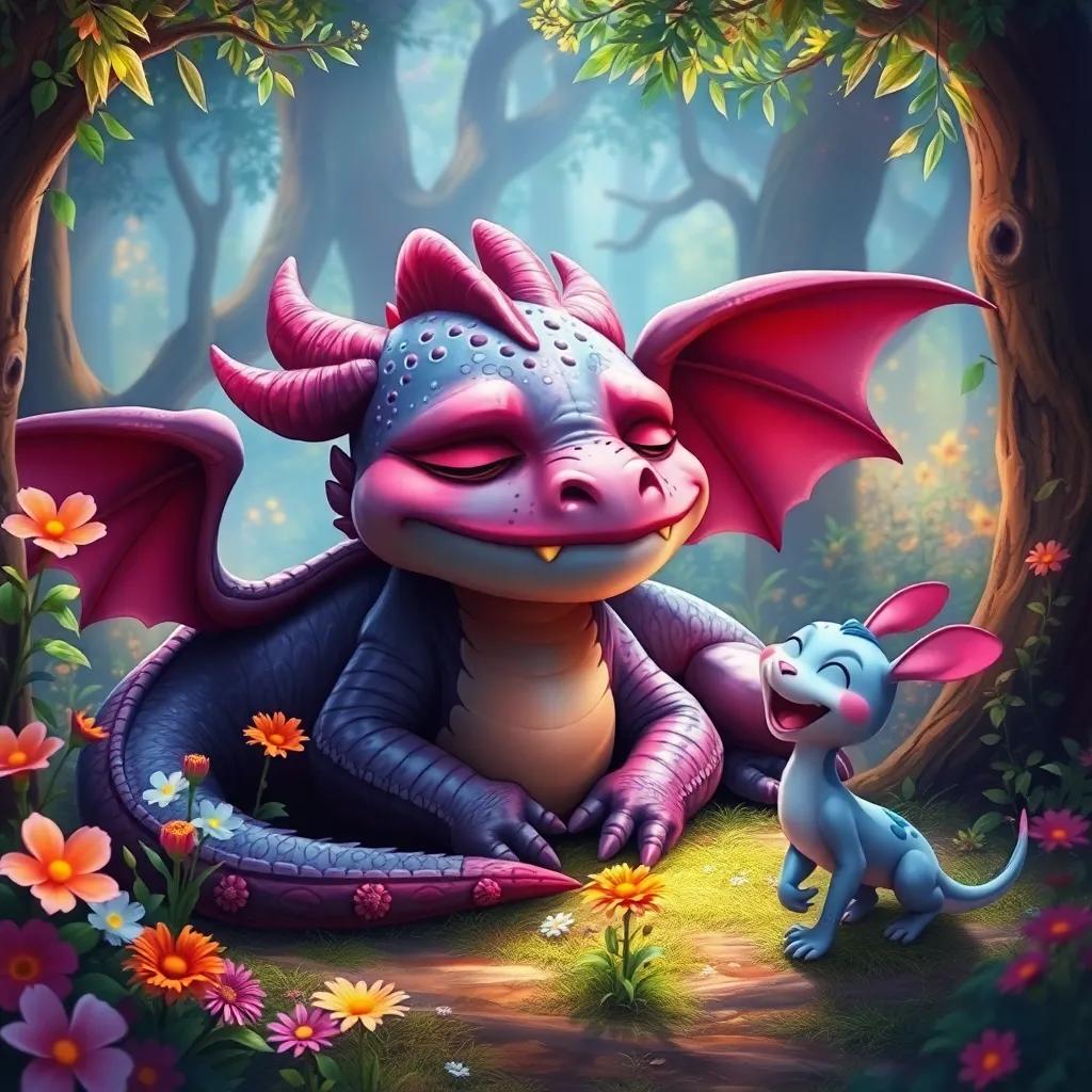A sleepy dragon named Pipoca, snoring loudly amidst a magical forest, colorful flowers around him fading, with Tito and Lola approaching him excitedly, digital painting, enchanting, warm light, playful scene, high quality