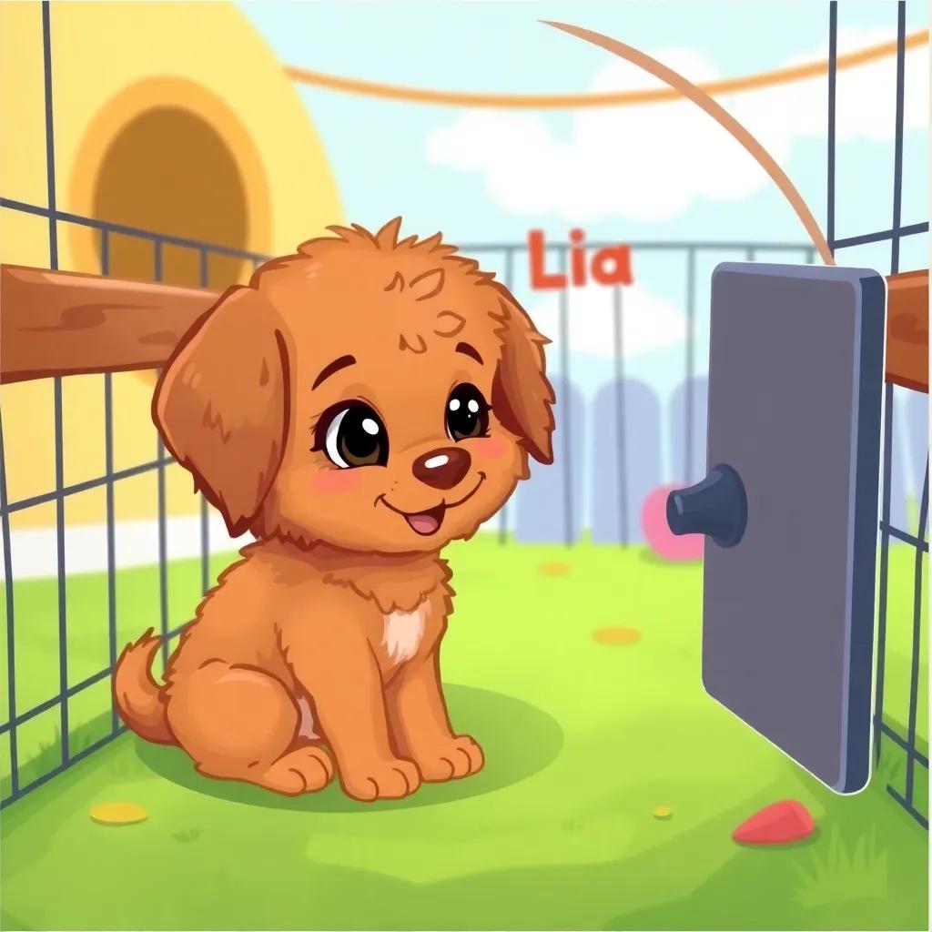 A small and fluffy brown puppy named Lila sitting in a dog kennel, looking curiously around, bright and colorful environment, cheerful atmosphere, digital art, child-friendly, engaging