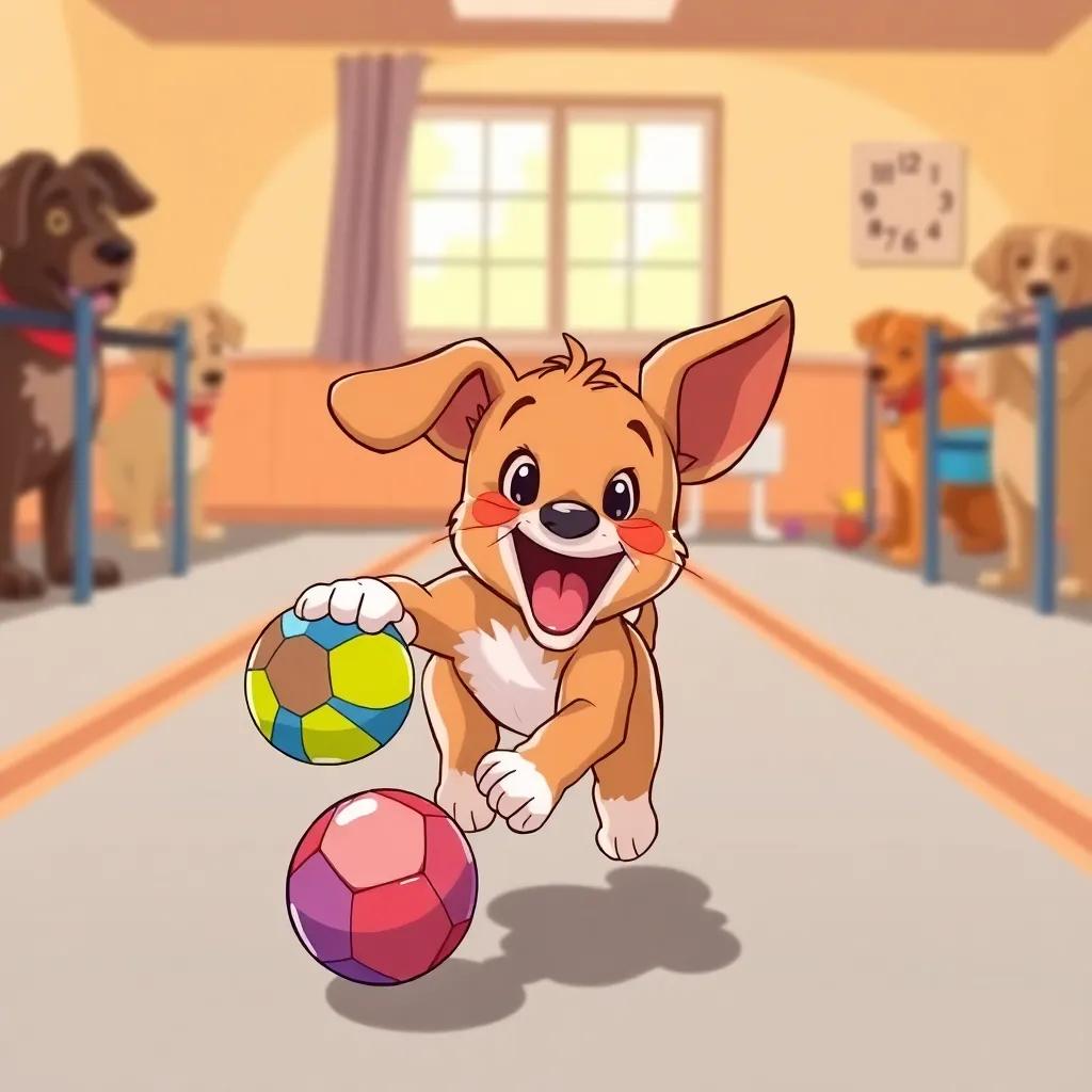 Lila the puppy excitedly chasing a colorful ball in a dog training class, playful and lively scene, warm tones, vibrant, illustration, capturing the joy of play