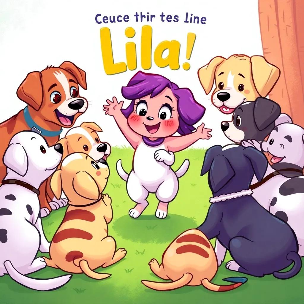 Lila surrounded by other puppies trying to teach her, with some sitting patiently while Lila jumps around, lively interaction, bright and vivid colors, kid-friendly, dynamic