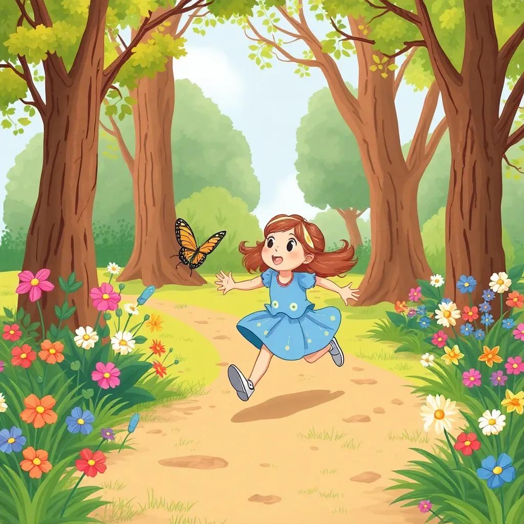 Lila running through a park, chasing a butterfly with flowers and trees around, capturing the excitement of the moment, colorful, vibrant, child-friendly art