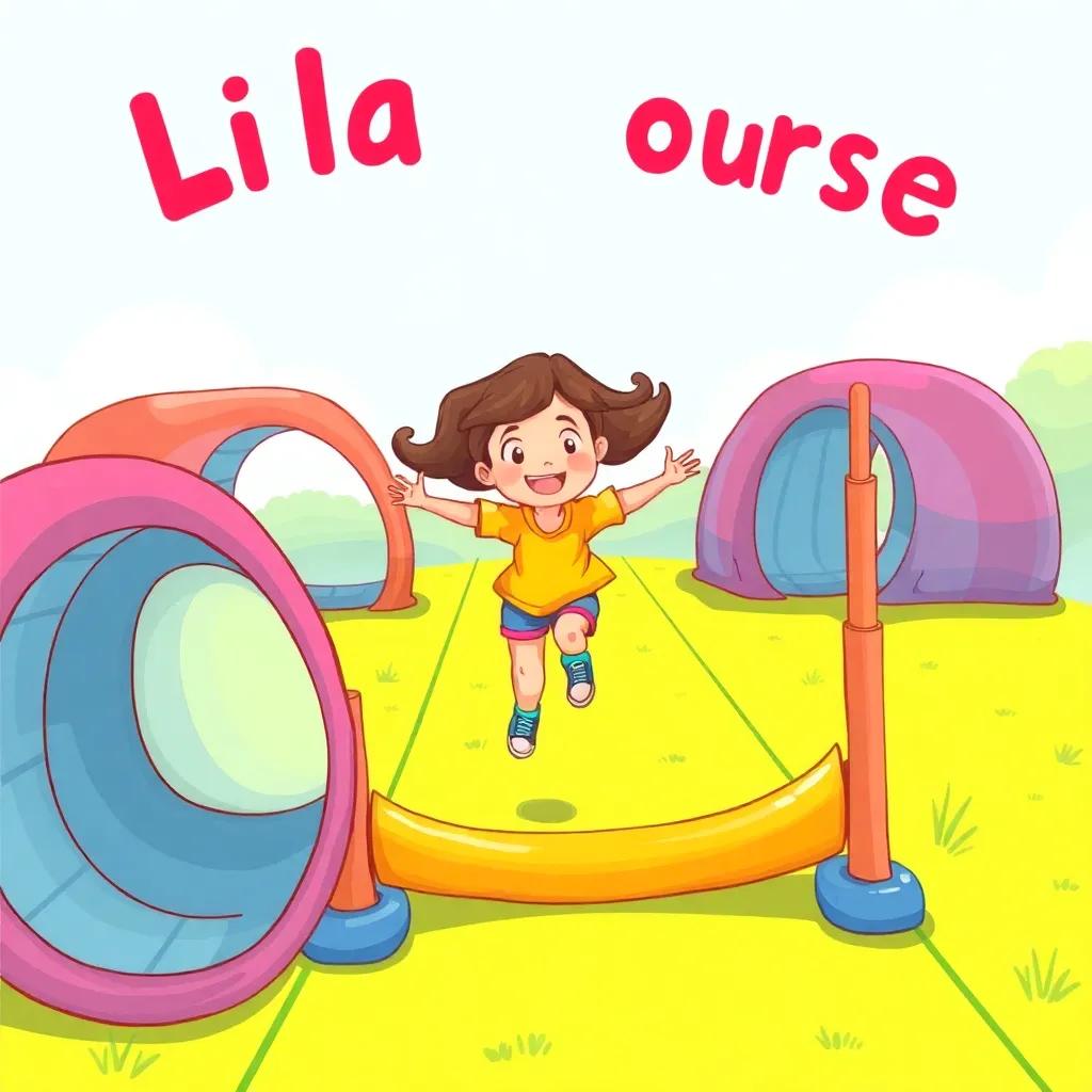 A fun obstacle course with Lila navigating through tunnels and jumps, showcasing her energy and excitement, colorful and bright, child-friendly illustration, high quality
