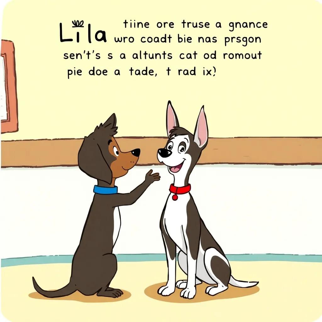 Lila gaining confidence while practicing commands, happily interacting with her trainer, bright and encouraging environment, colorful, lively illustration
