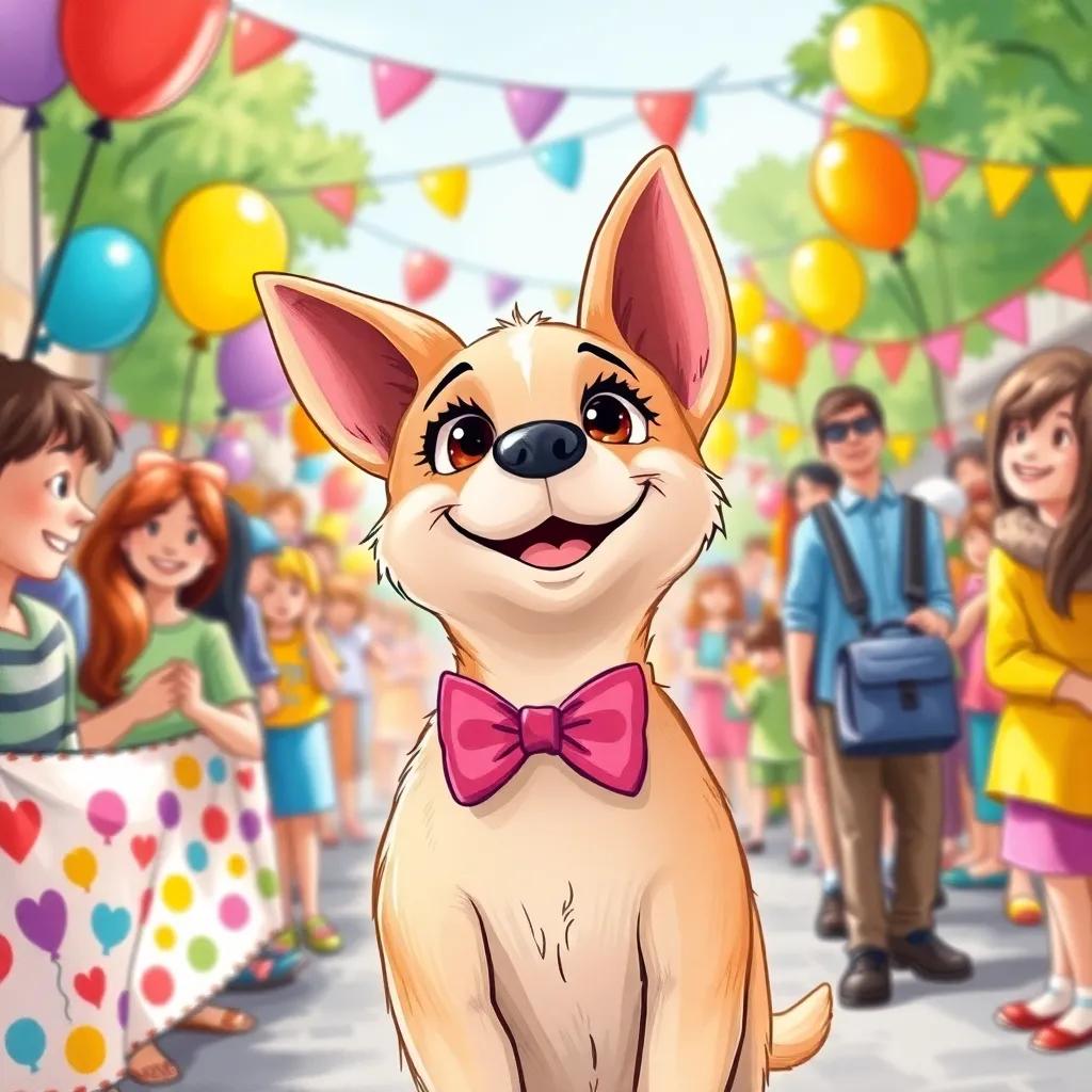 Lila participating in a dog parade, wearing a little bow tie, smiling at the crowd, vibrant atmosphere, colorful balloons and banners, cheerful and heartwarming