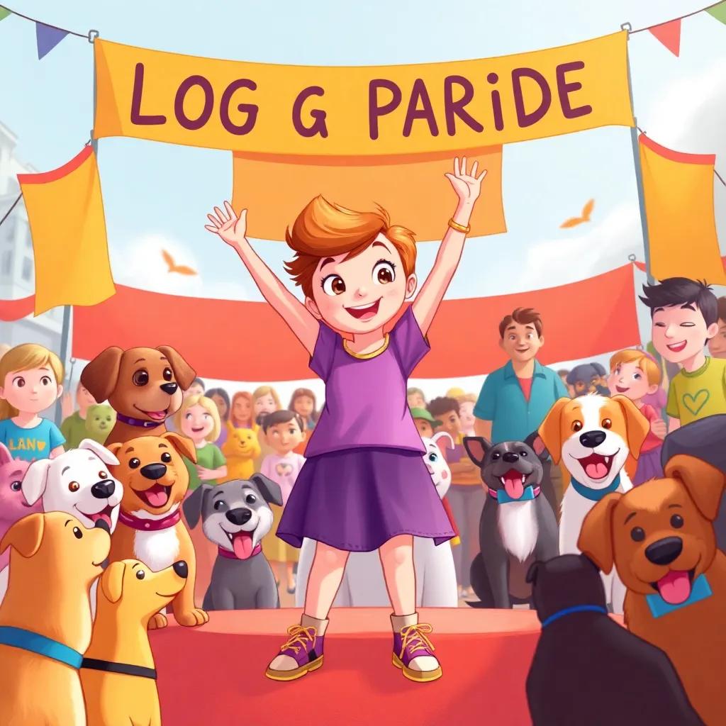 Lila standing proudly on stage at the dog parade, with happy dogs and humans around her, bright colors and banners, heartwarming celebration, digital art, uplifting