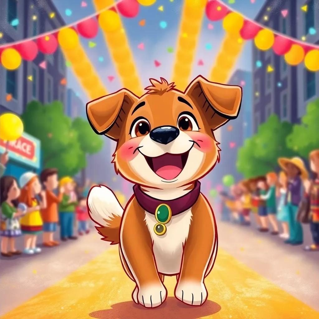 A close-up of Lila happily wagging her tail at the end of the parade, filled with joy and excitement, colorful backdrop, heartwarming and cheerful illustration