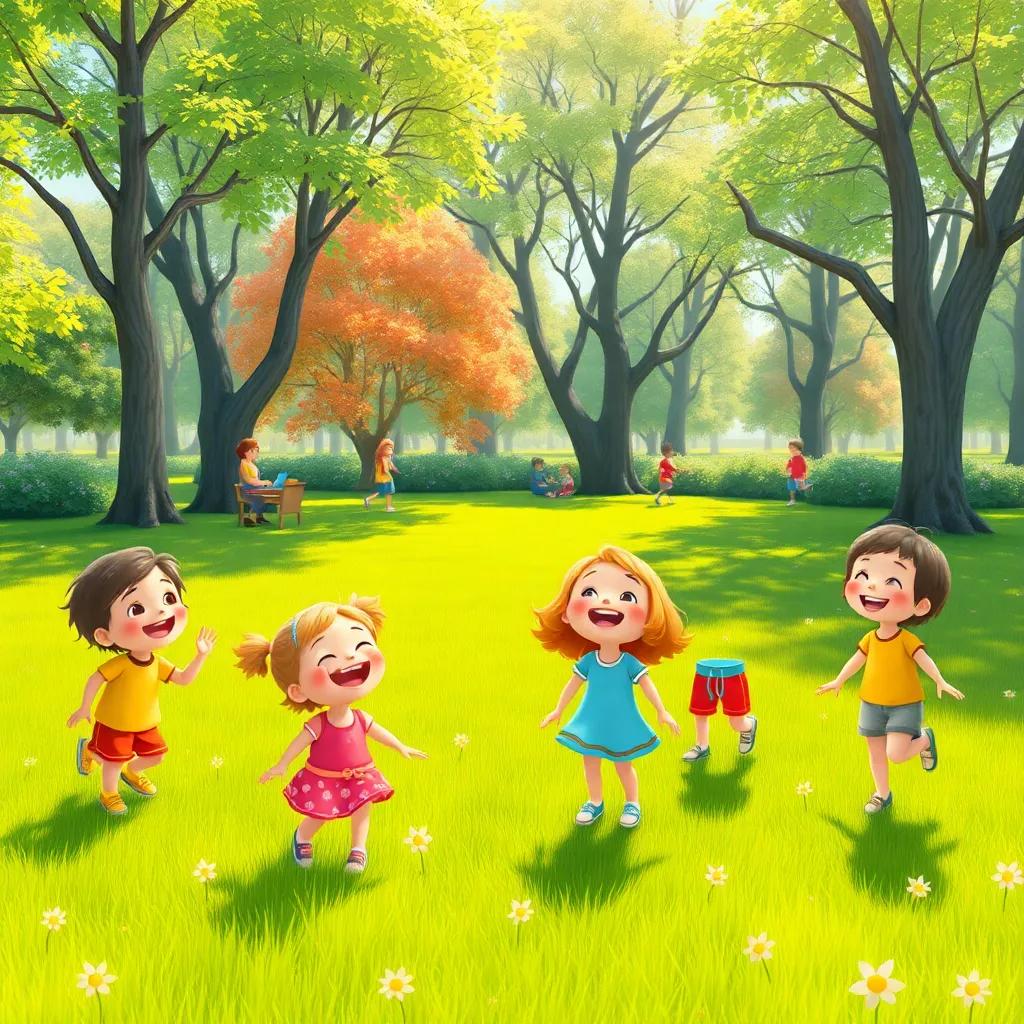 A sunny park filled with children playing and laughing on green grass, digital art, bright colors, cheerful atmosphere, high quality