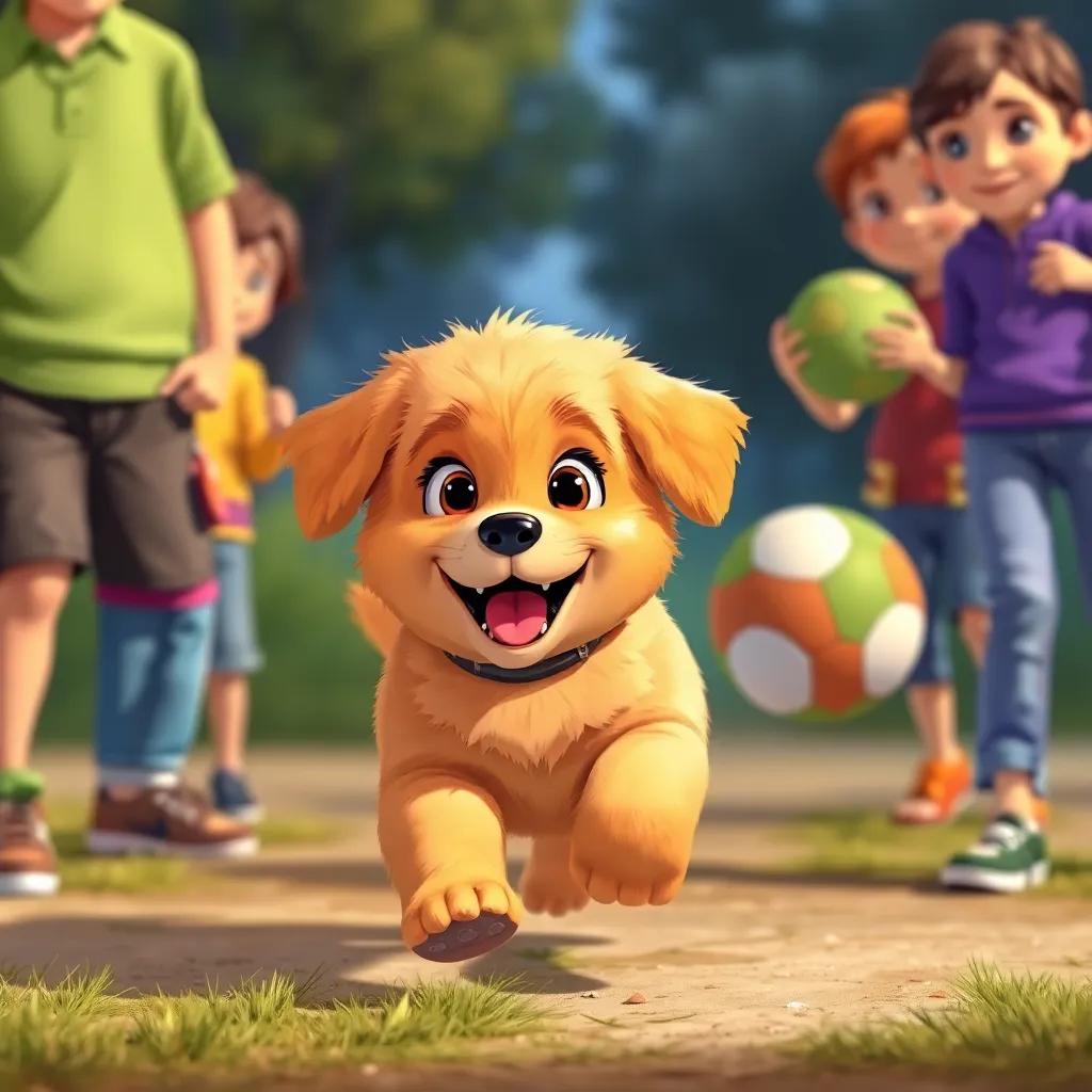 A golden fluffy puppy named Bella, excitedly running towards children holding a ball, illustration, vibrant colors, playful scene, child-friendly perspective, high quality