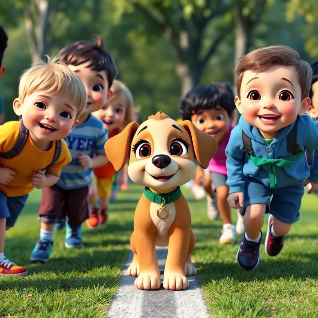 Children lining up for a race with Bella the puppy, all set to run in the park, joyful expressions, colorful background, digital animation, high energy, engaging perspective, high quality