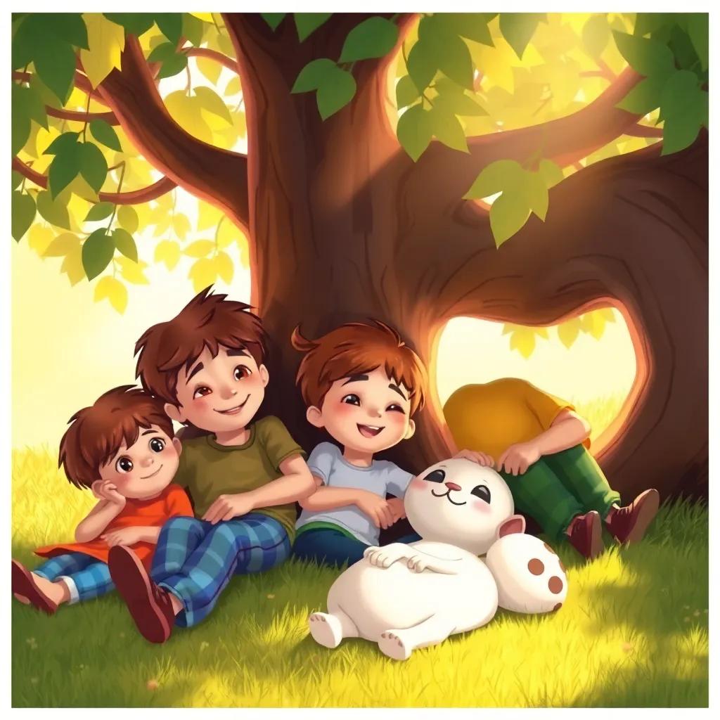Children relaxing under a tree with Bella lying next to them, everyone's smiling, warm sunlight filtering through leaves, realistic illustration, calming colors, heartwarming scene, high quality