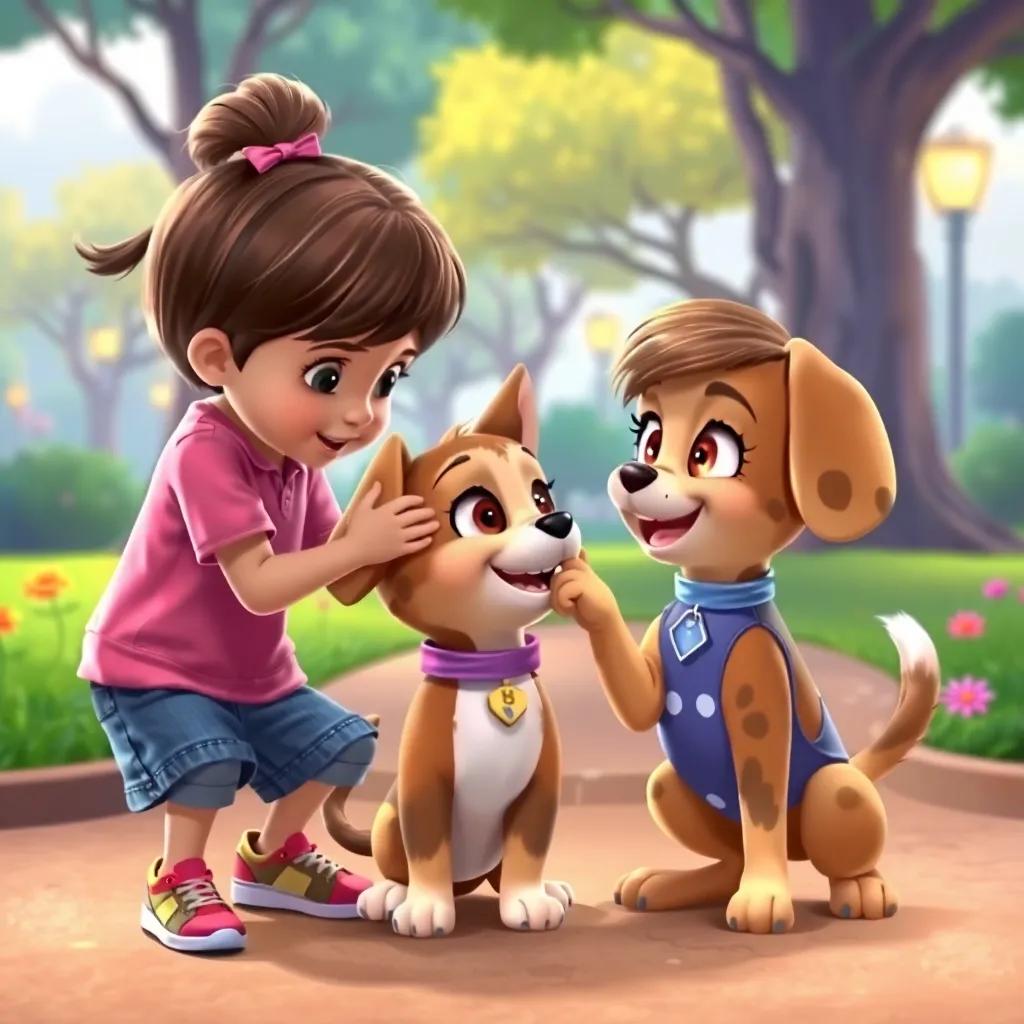 Children teaching Bella tricks, such as giving her paw, playful expressions, colorful park background, fun illustration, dynamic composition, high quality