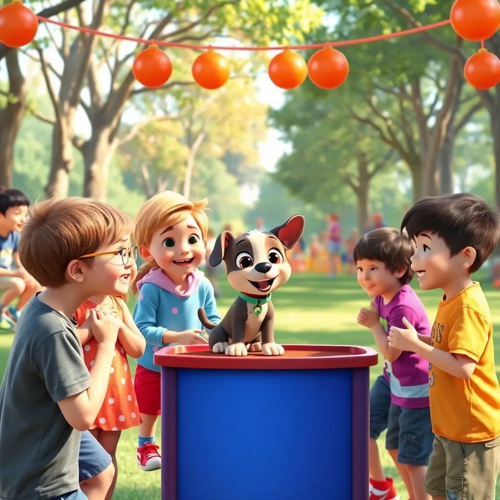 Children competing in a fun pet trick contest with Bella performing, everyone laughing, vibrant park scenery, digital art, joyful atmosphere, family-friendly perspective, high quality