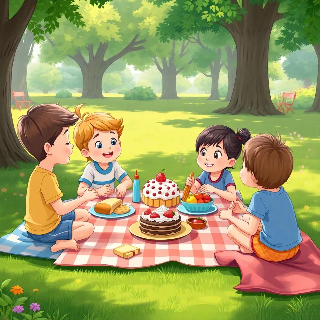 Children having a picnic with sandwiches, fruits, and cake in a park, Bella waiting eagerly for food, colorful blankets and cheerful surroundings, illustration, inviting scene, high quality