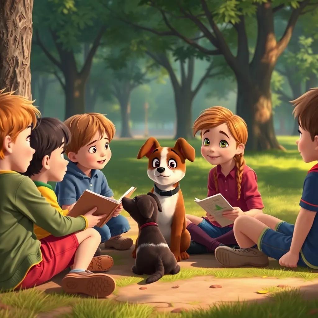Children sharing funny pet stories while Bella listens intently, all sitting in a circle in the park, warm and cozy atmosphere, digital painting, engaging perspective, high quality