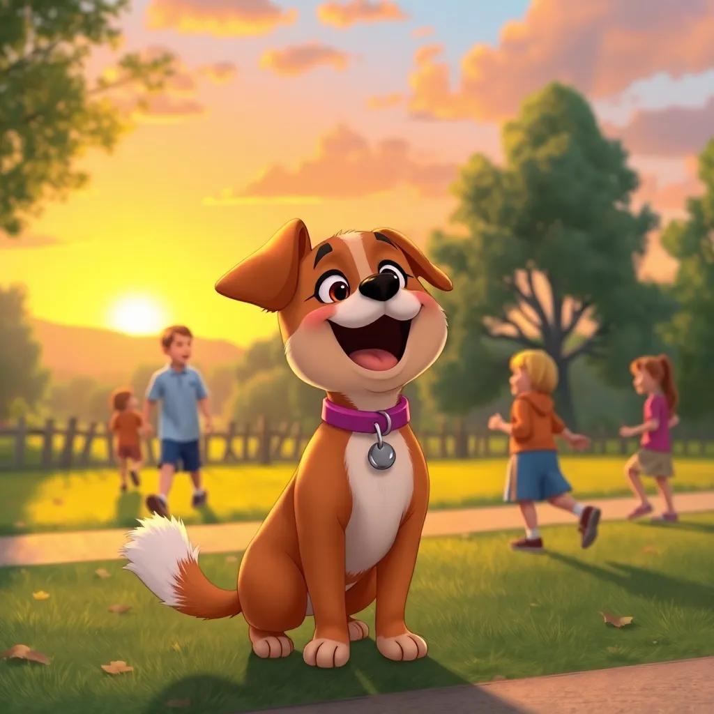 Bella, excited and happy, watching children leave the park with a wagging tail, sunset colors around, lively and cheerful mood, illustration, heartwarming farewell, high quality