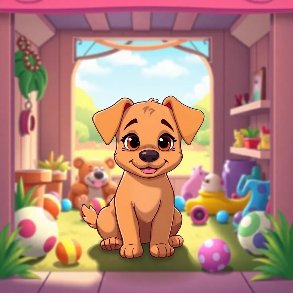 A cute brown puppy, Lila, with a mischievous look, sitting in a colorful kennel filled with toys and a sunny garden outside, cartoon style, bright colors, cheerful atmosphere, high quality