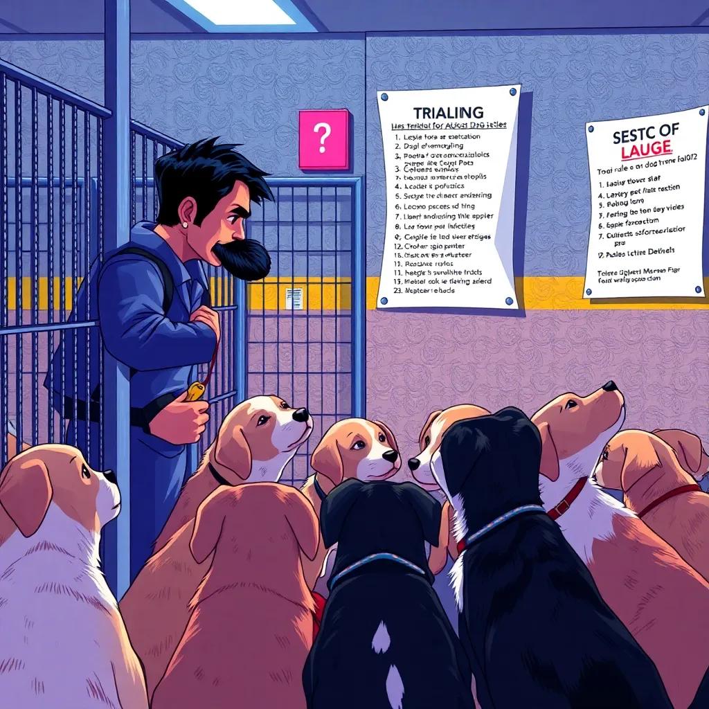 A serious dog trainer, wearing a whistle, talking to a group of puppies in a kennel, with a large poster of rules on the wall, vibrant illustration, engaging, educational, dynamic
