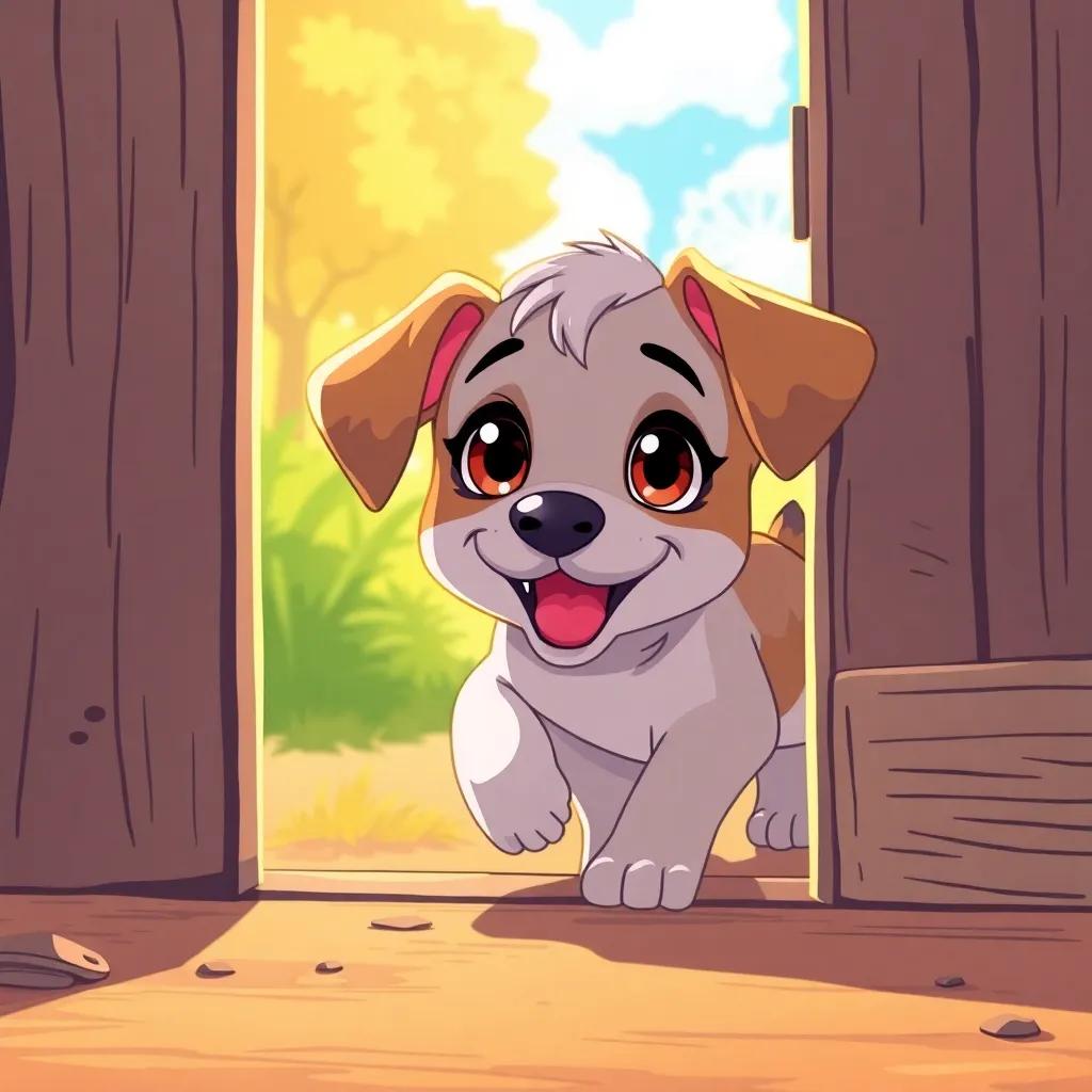 Lila the puppy, sneakily pushing open the door of the kennel with her nose, excited and ready to run away, sunny day outside, whimsical style, fun and adventurous, high detail